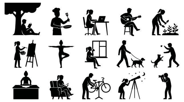 Diverse collection of vector icons showcasing various daily hobbies and recreational activities performed by different people in this simple black and white design