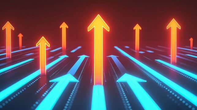 Bright red and blue arrows pointing upward on a dark digital background symbolizing growth, progress, and technological advancement.