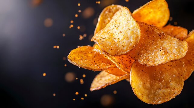 Close-up image of seasoned potato chips with spices falling around them against a dark background.