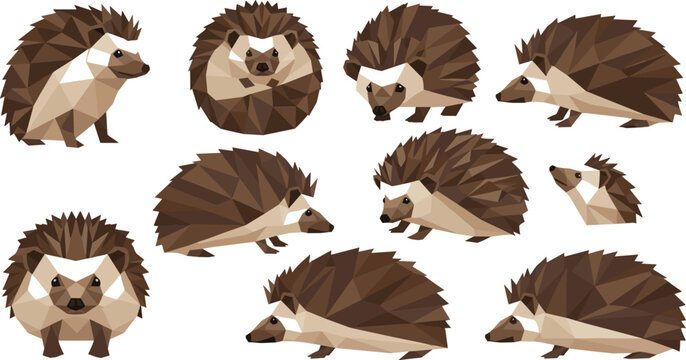 Low Poly Geometric Hedgehog Wild Animal Different Poses Brown Tone Vector Illustration Set