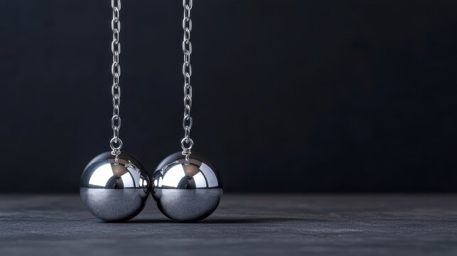 Two shiny silver pendulums hanging from chains against a dark background, representing motion and physics concepts.
