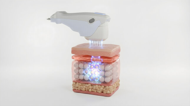 Micro-needling radiofrequency device. Deep dermis collagen stimulation. Professional clinical aesthetic procedure.