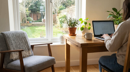 Fototapeta premium Woman working from home office with laptop and plants