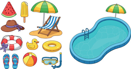 Fototapeta premium Summer Pool Party Icon Set with Watermelon, Ice Cream, Pool Floats, and Beach Accessories for Fun Vacation and Travel Designs