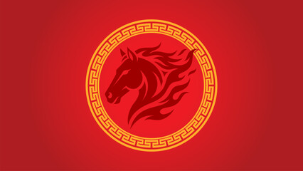 Professional stallion horse mascot with flame mane inside a golden Greek meander circular border on red background © Ahmad