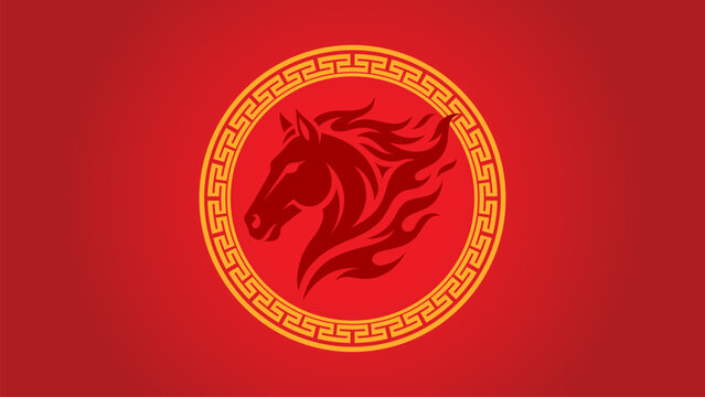 Professional stallion horse mascot with flame mane inside a golden Greek meander circular border on red background