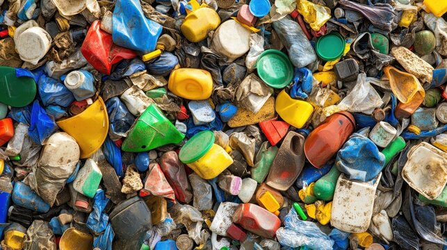 A large pile of assorted colorful plastic waste and discarded materials for recycling and sorting