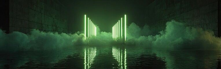 Fototapeta premium Futuristic Neon Green Pillars Reflecting in Water with Smoke.