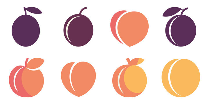 Colorful peach, nectarine, plum icons set, fruit symbols, vector graphics
