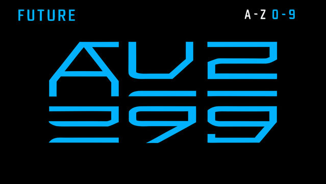 Futuristic typeface design featuring bold blue letters and numbers on black