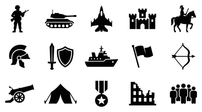 Collection of black military and war vector icons representing historical and modern combat elements for graphic design projects and educational resources.