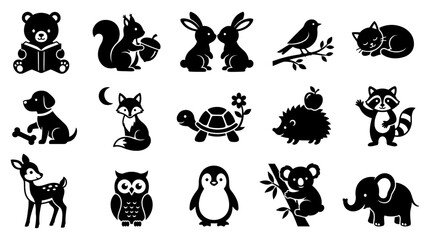 Black and white vector set of cute wild and domestic animal icons featuring bears squirrels rabbits birds cats foxes turtles and many more © Vectscape