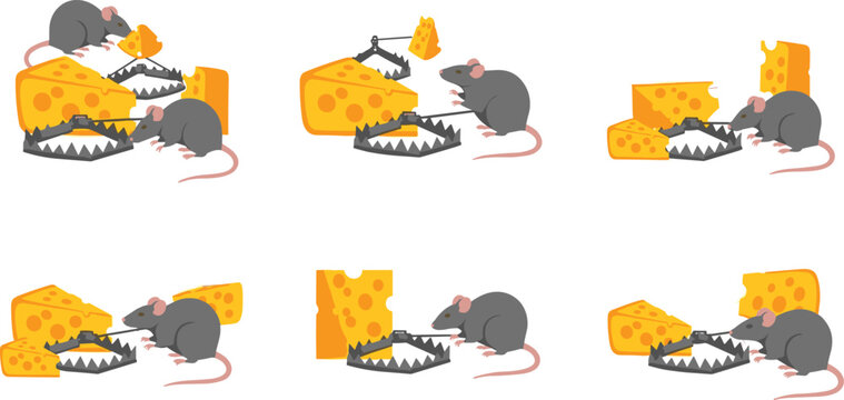 Cartoon Mouse Rat With Cheese And Mousetrap Danger Risk Concept Vector Illustration Set