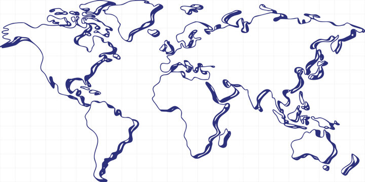Sketch of world map with continents and oceans hand drawn blue line art