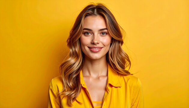 Retrato de mujer joven sonriente con camisa amarilla sobre fondo amarillo luminoso y moderno