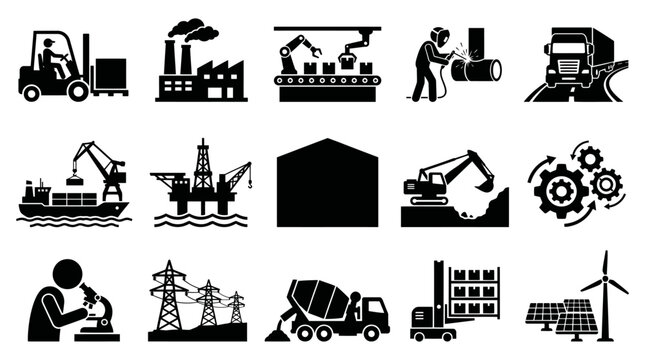 Comprehensive vector graphic illustration showcasing essential industrial, manufacturing, energy, and logistics processes with detailed icons for various business sectors and infrastructure design.