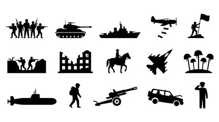 Obraz premium A collection of vector graphic illustrations depicting various military elements and conflict symbols in a silhouette design