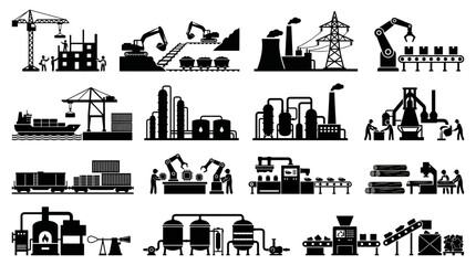 Obraz premium Professional set of black and white vector icons depicting various industrial manufacturing processes including construction logistics energy production and heavy automated machinery tasks