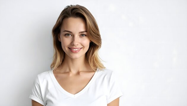 Retrato de mujer joven sonriente con camiseta blanca sobre fondo claro minimalista con espacio para texto
