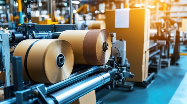 Industrial printing machinery with large rolls of paper and cardboard for custom packaging and label production