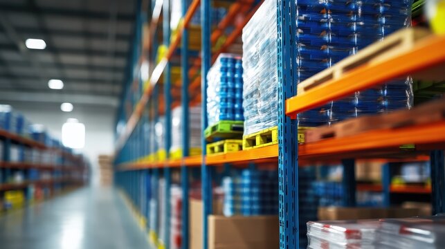 Automated warehouse racking system with organized shelving and vibrant colors, showcasing efficient storage solutions for inventory management