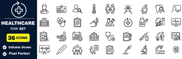 Healthcare icon set, 36 medical and hospital line icons