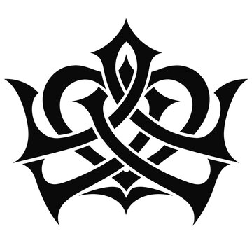 Gothic ornamental heart crest, black tribal filigree emblem, symmetrical medieval knotwork design for tattoo and branding