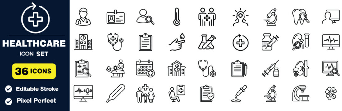Healthcare icon set, 36 medical and hospital line icons