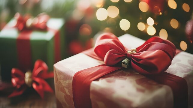 Festive Christmas gifts wrapped with a large red bow and soft bokeh lights in a cozy, traditional setting.