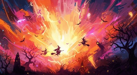 Obraz premium Witches flying across a fiery sunset a halloween night scene
