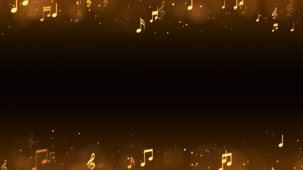 golden music note and shiny glittering gold stars border frame , musical concert and party social media and story background