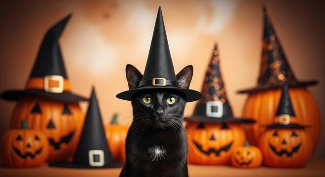 Halloween decorations black cat in witch hat with jack o' lanterns