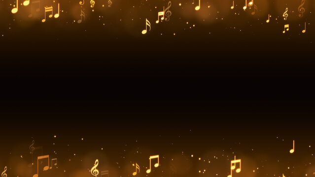 golden music note and shiny glittering gold stars border frame , musical concert and party social media and story background