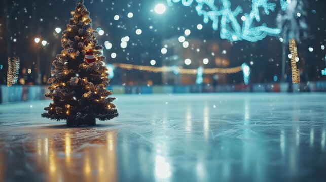 Festive outdoor ice skating rink at night with a Christmas tree and twinkling lights