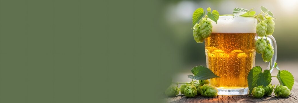 Glass of cold beer with fresh hop cone on wooden table. Drink in pub with condensation on glass. Traditional alcoholic beverage brewing concept for octoberfest and bar menu design.