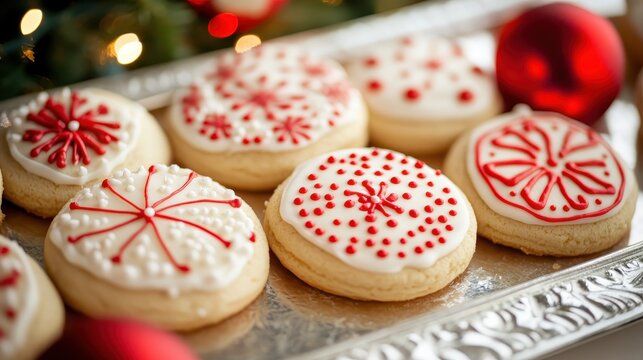 Festive Christmas sugar cookies decorated with intricate red and white icing patterns arranged on a silver tray