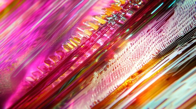 Detailed macro view of iridescent electronic circuitry, showcasing intricate patterns and vibrant colors under soft lighting.
