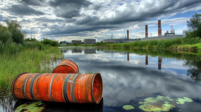 Orange industrial waste barrels floating in polluted river water near factory outlet with smokestacks and dramatic cloudy sky