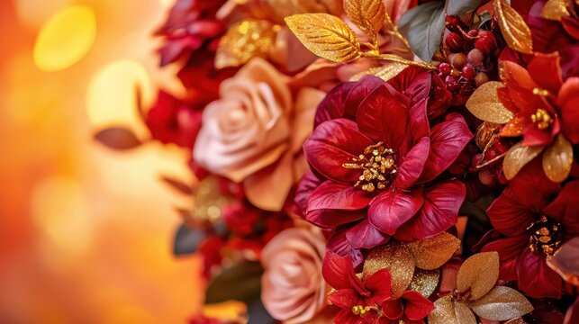 Festive Holiday Wreath Adorned with Vibrant Red and Gold Floral Decorations