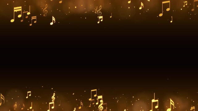 golden music note and shiny glittering gold stars border frame animation, musical concert and party social media and story motion background