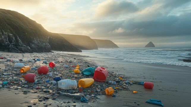 Plastic waste litters a coastal beach with distant hills and overcast sky, highlighting environmental pollution.
