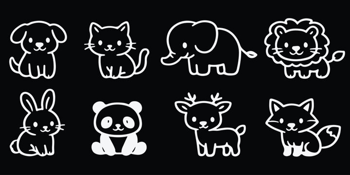 Set of cute hand-drawn animal icons in chalk style