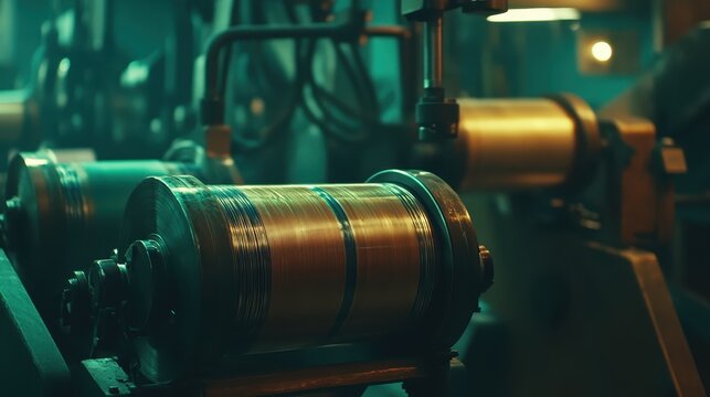 Intricate Offset Printing Press Machinery Operating in a Dimly Lit Industrial Factory Setting