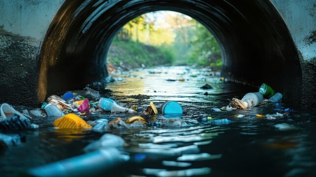 Floating trash and plastic debris collected near a storm drain exit after a rainstorm, reflecting dim urban lighting