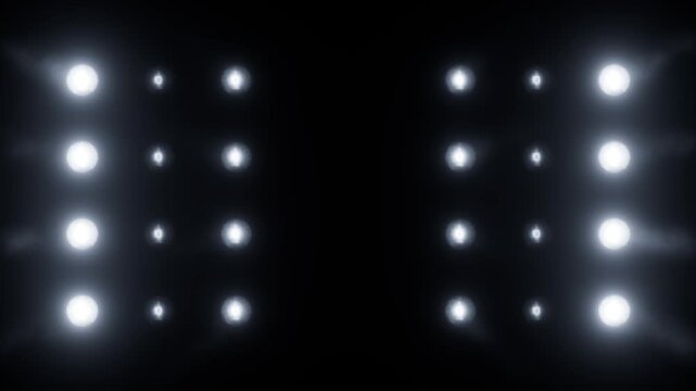 Bright stage lights flashing. Glowing spotlight animation for club party events concept. Concert visuals. Seamless loop.