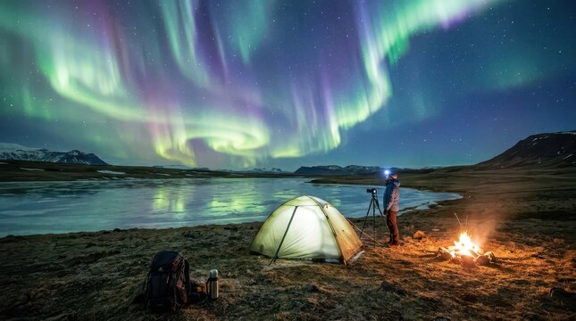 Camping in Wilderness Under Aurora, Glowing Tent in Night, Aurora and Travel