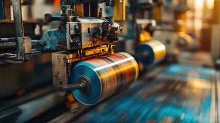 Fototapeta premium Industrial Offset Printing Press in Action, Showcasing Smooth Ink Flow and Precise Mechanical Movement
