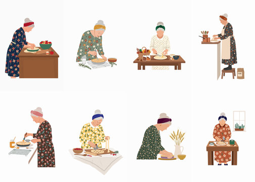 Set of Eight Flat Vector Illustrations of Elderly Women Baking Homemade Pies and Pastries in a Traditional and Cozy Kitchen Setting