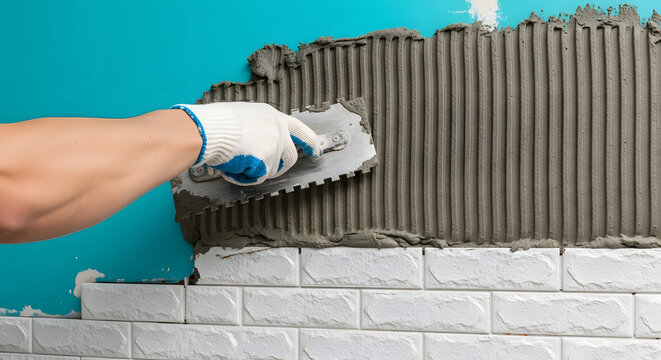applying tile adhesive with notched trowel | kitchen backsplash installation process | diy home renovation wall tiling | professional tiling tools and techniques | installing white decorative brick 
