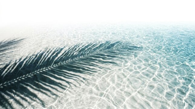 Palm leaf shadow cast on the crystal clear shallow water of a sandy beach